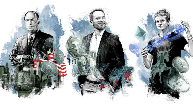<p>Von links: Blackrock-Chef Larry Fink, Thether-CEO Paolo Ardoino und Etherum-Erfinder Vitalik Buterin.</p>