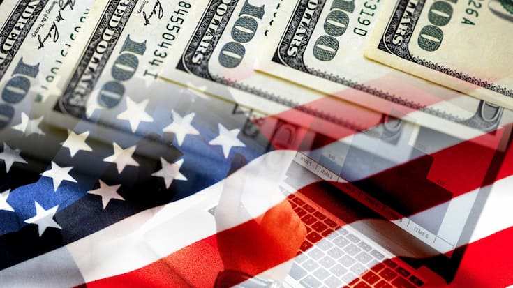 American flag, business people and cash dollar bills - Economics chart