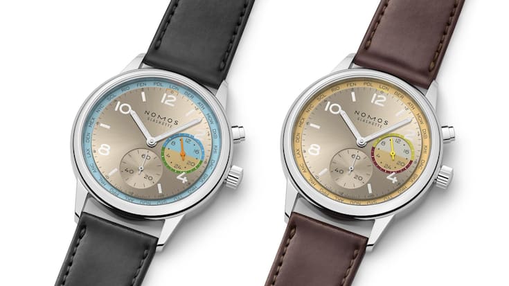 <p>Nomos erweitert seine Linie Club Sport Neomatik Worldtimer um zwei limitierte Editionen: Roam (l.) und Reverie.</p>