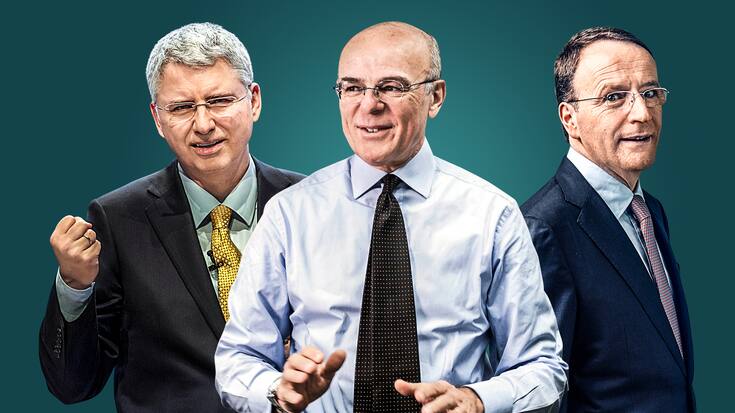 Roche-Chef Severin Schwan (hinten), Nestlé-CEO Mark Schneider (r.) und Zurich-Chef Mario Greco können sich bei der Dividende keine Schwäche leisten.
