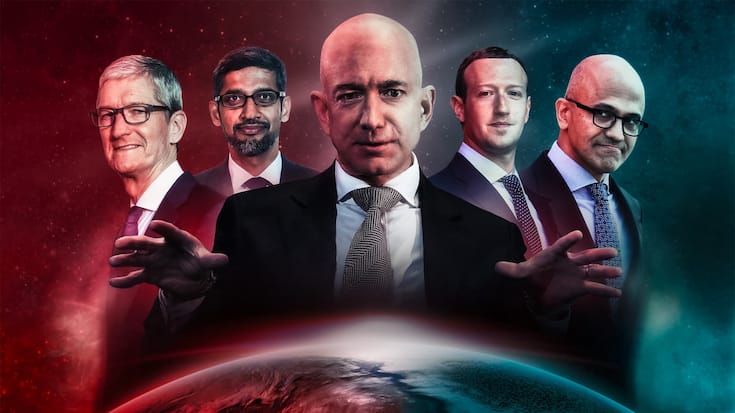 Apple-Chef Tim Cook; Alphabet- CEO Sundar Pichai; Amazon- Gründer Jeff Bezos; Facebook- Alleinherrscher Mark Zuckerberg; Microsoft-CEO Satya Nadella (v.l.).