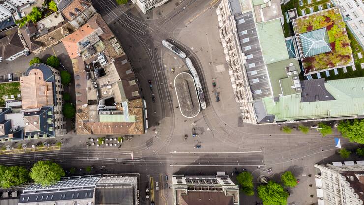 Top down view of the famous Parade Platz in the heart of Zurich old town, famous for holding most Swiss banks HQ buildings in Switzerland