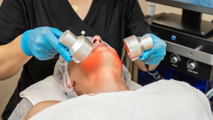 Beautician doing skin care with red light therapy