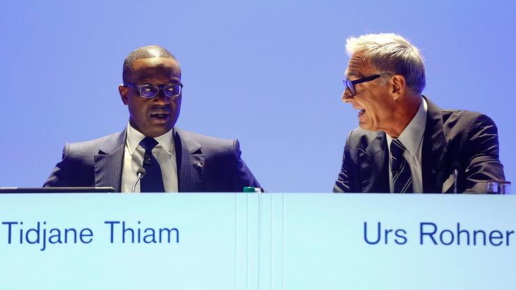 CEO Tidjane Thiam (L) and Chairman Urs Rohner of Swiss bank Credit Suisse attend the bank's annual shareholder meeting in Zurich, Switzerland April 27, 2018. REUTERS/Arnd Wiegmann - RC1EFB041760
