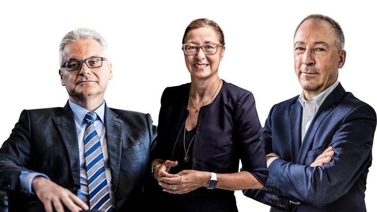 Riet Cadonau (l.), CEO und VR-Präsident Dormakaba, Jeannine Pilloud, CEO und VR-Präsidentin Ascom, Jens Alder, CEO und VR-Präsident Alpiq.
