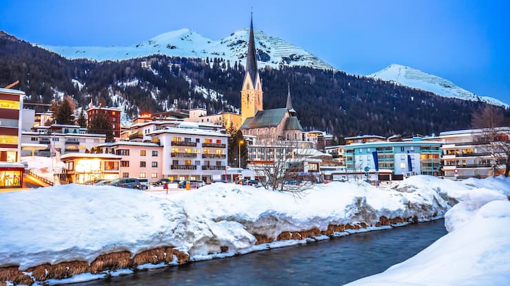 Idyllic mountain town of Davos in Swiss Alps evening view, luxury ski destination of Switzerland