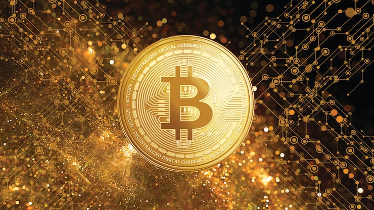Bitcoin or btc cryptocurrency trading and investment concept gold shiny blockchain background Technological golden space 3d illustration concept of digital currency trading and virtual investment