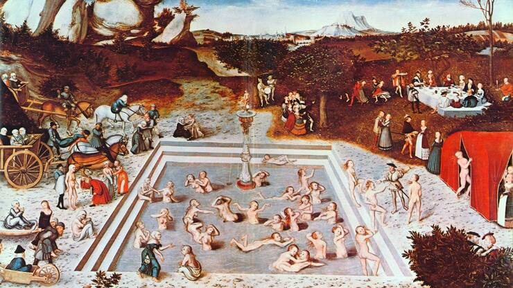 Jungbrunnen, 1546: Lucas Cranach malte sein Bild mit 74 Jahren, war also durchaus selbst von den Leiden des Alters betroffen. Das Kunstwerk verrät: Die Sehnsucht nach ewiger Jugend ist uralt.