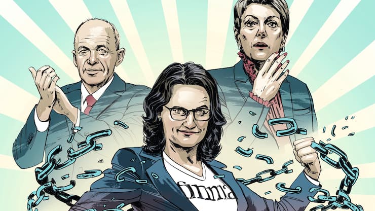 KettensprengerinFinma-Präsidentin Marlene Amstad (M.) mit dem applaudierenden Ex-­Finanzminister Ueli Maurer (o.l.), dessen staunender Nachfolgerin Karin Keller-Sutter und dem attackierten Ex-Finma-Chef Mark Branson.