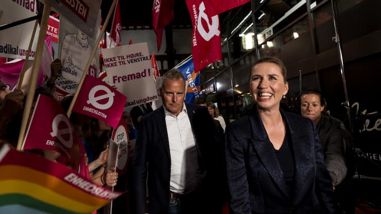 Mette Frederiksen, party leader of The Social Democrats, arrives through a massive crowd of young supporters to the last broadcasted TV debate at Copenhagen Central Station before the election Wednesday on June 4, 2019 in Copenhagen, Denmark. 