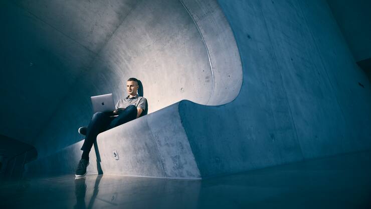 Alexander Denzler, lecturer for Blockchain Technology and Data Science at the Hochschule Luzern works on his notebook at the HSLU Campus in Rotkreuz,  Switzerland on July 10, 2020.Photo: Michael Buholzer