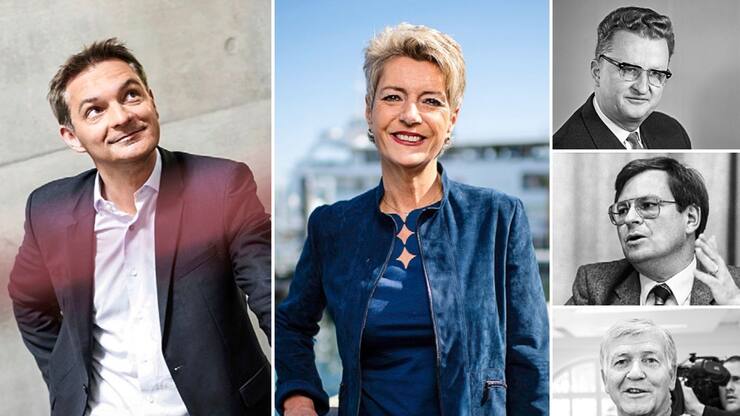 Karin Keller-Sutter wurde in den Bundesrat gewählt, ihr Ersatz, StéphaneMaquaire (l.), von Manor rausgestellt – seither hat der Verband keinen Präsidenten mehr fürs Erbe von Paul Eisenring, Klaus Hug und Bruno Frick (v.o.).