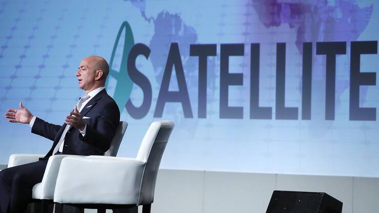 WASHINGTON, DC - MARCH 07:  Jeff Bezos, CEO of Amazon and founder of Blue Origin, speaks during the Access Intelligence's SATELLITE 2017 conference at the Washington Convention center on March 7, 2017 in Washington, DC. Bezos talked about the future plans of Blue Origin and the innovation of the satellite and space communities.  (Photo by Mark Wilson/Getty Images)