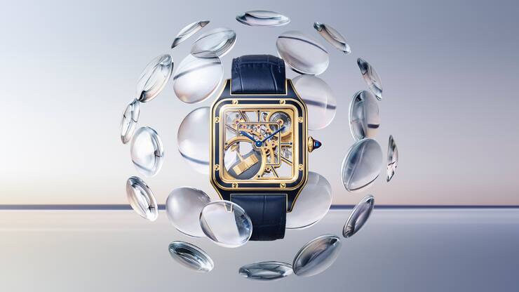 Cartier Santos-Dumont Skeleton in einer Bubble aus Glasscheiben.