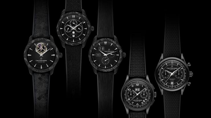 Die Capsule Collection von Carl F. Bucherer (5 schwarze Uhren auf schwarzem Hintergrund).