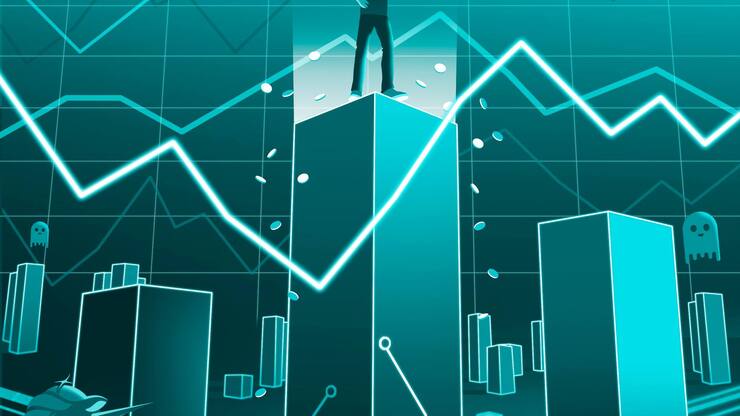 Mann der auf Säule steht