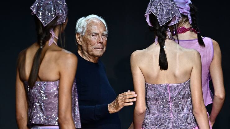 Italian designer Giorgio Armani walks the runway of the Emporio Armani fashion show during the Milan Fashion Week Womenswear Spring/Summer 2024 on September 21, 2023 in Milan. (Photo by GABRIEL BOUYS / AFP)