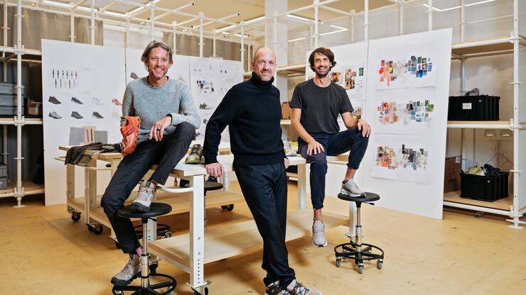 Founders of the Swiss sneaker company On, from left: Olivier Bernhard, David Allemann and Caspar Coppetti, at the company's design studio in Zurich, Nov. 12, 2019. The 20-time Grand Slam tennis champion Roger Federer is taking a big step toward life after tennis with a small Swiss running shoe brand with a cult following and global ambitions. (Samuel Zeller/The New York Times)