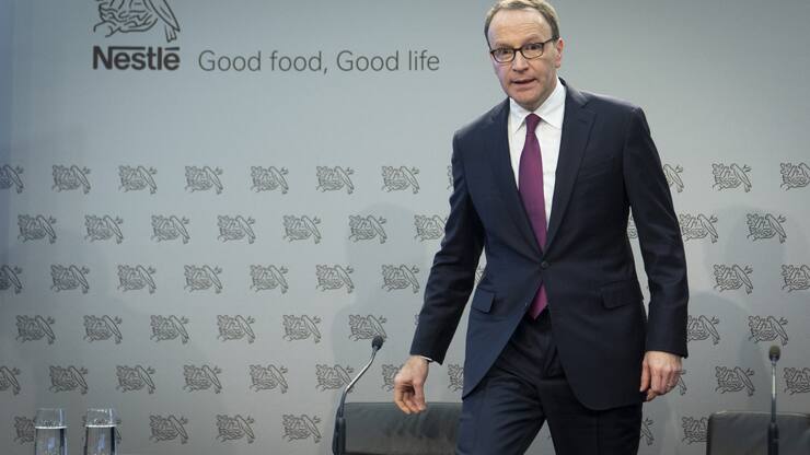 Nestle's CEO Ulf Mark Schneider arrives for the 2019 full-year results press conference of the food and drinks giant Nestle, in Vevey, Switzerland, Thursday, February 13, 2020. (KEYSTONE/Laurent Gillieron)