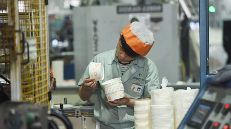 HANGZHOU, CHINA - JANUARY 21: A worker looks at paper tableware at an environment-friendly tableware company on January 21, 2019 in Hangzhou, Zhejiang Province of China. China's gross domestic product (GDP) hit 90.03 trillion yuan (about 13.32 trillion U.S. dollars), increasing 6.6 percent year on year in 2018, according to the National Bureau of Statistics (NBS) on Monday. (Photo by VCG/VCG via Getty Images)