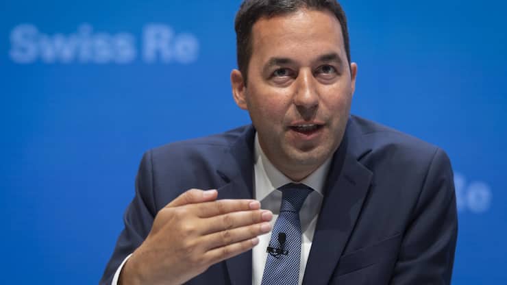 Christian Mumenthaler Group CEO Swiss Re, waehrend der Bilanzmedienkonferenz zum Halbjahresergebnis 2019 der Swiss Reinsurance Company Ltd (Swiss Re) am Mittwoch, 31. Juli 2019, in Zuerich. (PPR/Melanie Duchene)