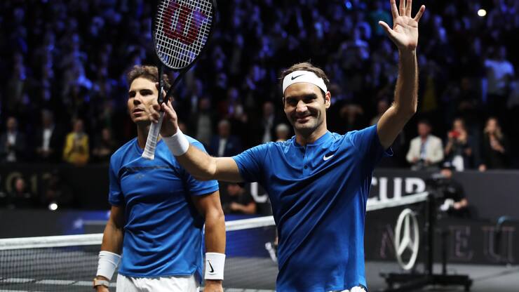 PRAGUE, CZECH REPUBLIC - SEPTEMBER 23:  Roger Federer and Rafael Nadal 