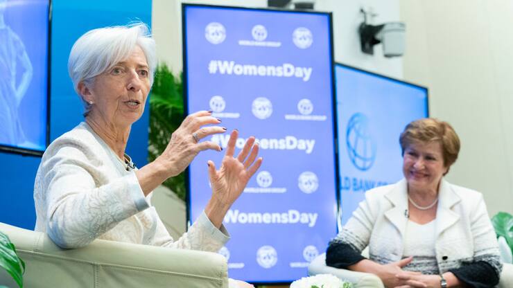 WASHINGTON, DC - MARCH 8: In this International Monetary Fund handout, International Monetary Fund Managing Director Christine Lagarde (L) is joined by the Interim World Bank President Kristalina Georgieva (R) during a Women's Day event at the IMF Headquarters March 8, 2019. (Photo by Stephen Jaffe/IMF via Getty Images)