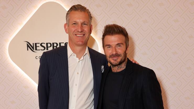 LONDON, ENGLAND - MAY 08: Philipp Navratil and David Beckham attends the launch of Nespresso's new flagship boutique in Covent Garden on May 08, 2025 in London, England. (Photo by Dave Benett/Max Cisotti/Dave Benett/Getty Images for Nespresso)