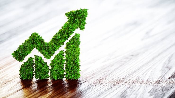 3d rendering of green line chart with blurred background.