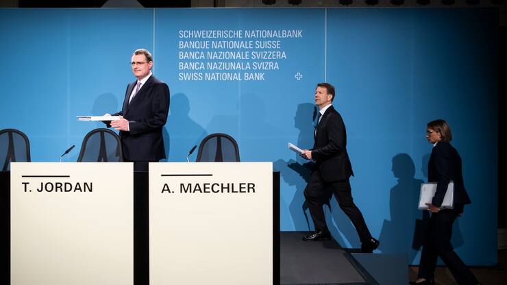 Swiss National Bank's (SNB) Chairman of the Governing Board Thomas Jordan, Swiss National Bank's (SNB) Vice Chairman of the Governing Board Fritz Zurbruegg, and Swiss National Bank's (SNB) Member of the Governing Board Andrea Maechler, from left, arrive at a semi-annual conference in Bern, Switzerland, Thursday, June 13, 2019. (KEYSTONE/Anthony Anex)