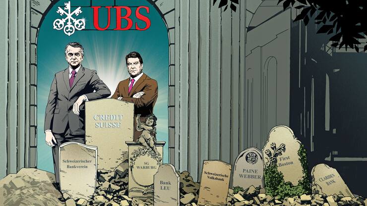 Illustration Markenfriedhofs-Wärter: Die UBS-Lenker Sergio Ermotti (l.) und Colm Kelleher stützen sich auf eine lange ­Übernahmehistorie.