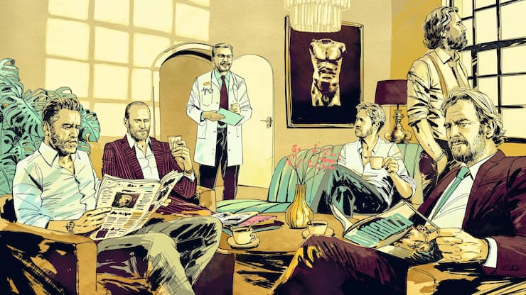 Um fit, schön und gesund zu altern, gehen auch sie mutmasslich zum Doc: Arnold Schwarzenegger, Jason Statham, Ryan Gosling, Bradley Cooper und Kevin Costner (v.l.). Mittig wartet Peter Dietz auf seinen nächsten Patienten.