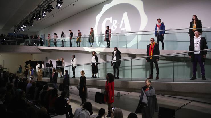 Models line up during the C&A Collection Room AW'18 at the Langen Foundation on May 3, 2018 in Neuss, Germany.