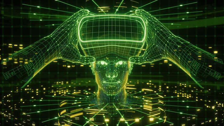 3D-Render, Visualisierung eines Mannes mit Virtual-Reality-Brille, elektronisches Gerät, Kopf umgeben von virtuellen Daten mit neongrünem Gitter. Spieler eins bereit für das vr Spiel. Virtuelle Erfahrung.