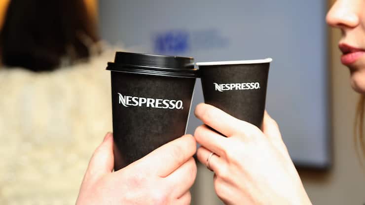 NEW YORK, NY - FEBRUARY 13:  Guests drink refreshments provided by Nespresso outside of Gallery I in Spring Studios during New York Fashion Week: The Shows at Spring Studios on February 13, 2019 in New York City.  (Photo by Manny Carabel/Getty Images)