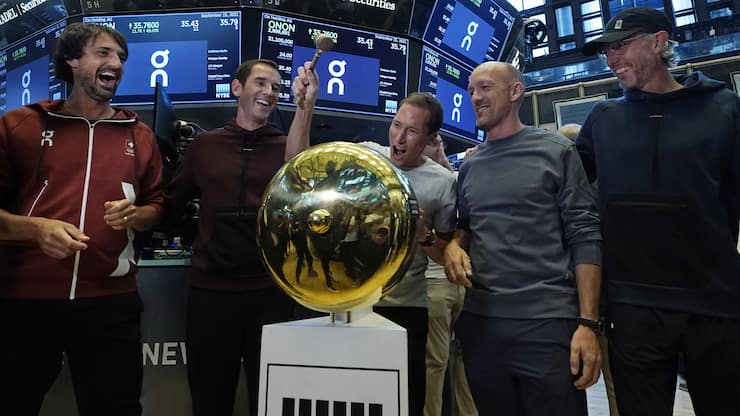 On executives ring a ceremonial first trade bell as their company's IPO begins trading on the floor of the New York Stock Exchange, Wednesday, Sept. 15, 2021. They are, from left: Caspar Coppetti, Martin Hoffmann, Marc Maurer, David Allemann, and Olivier Bernhard. (AP Photo/Richard Drew)David Allemann,Marc Maurer,Olivier Bernhard,Caspar Coppetti,Martin Hoffmann