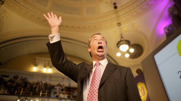 LONDON, ENGLAND - SEPTEMBER 20:  Leader of UKIP Nigel Farage takes the applause after addressing delegates during his keynote speech on September 20, 2013 in London, England. Members of the United Kingdom Independent Party have gathered at Central Hall, Westminster for the annual conference. Nigel Farage has predicted that the party will come first in next year's European elections, saying it is "growing up" after success in local elections.  (Photo by Christopher Furlong/Getty Images)