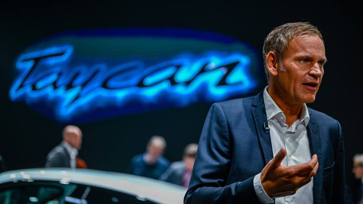 FRANKFURT AM MAIN, GERMANY - SEPTEMBER 10: Oliver Blume, chief executive officer of Porsche AG presents the new Porsche Taycan at the Porsche press conference at the IAA Frankfurt Motor Show on September 10, 2019 in Frankfurt am Main, Germany. (Photo by Sascha Schuermann/Getty Images)