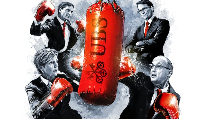 Prügelknabe UBS: Karin Keller-Sutter, Stefan Walter (u.r.), Martin Schlegel (o.r.), Aymo Brunetti: die Grossbank im Visier.