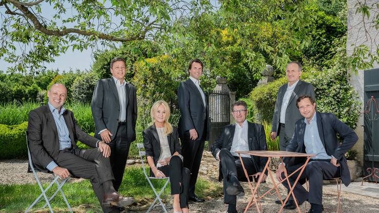 Die sieben geschäftsführenden Teilhaber von Lomard Odier, Denis Pittet, Alexandre Zeller,  Annika Falkengren, Hubert Keller,  Patrick Odier, Christophe Hentsch  und Frédéric Rochat (v.l.).