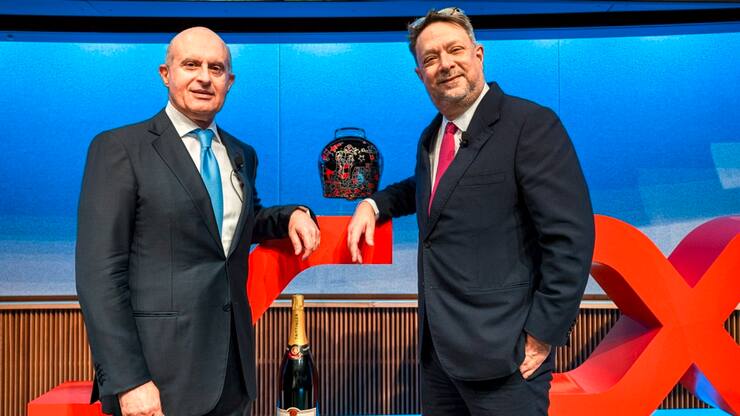 Gilbert Ghostine, chairman of Sandoz Group AG, left, and Richard Saynor, chief executive officer of Sandoz Group AG, during the Sandoz Group AG listing ceremony at the Six Swiss Exchange AG in Zurich, Switzerland, on Wednesday, Oct. 4, 2023. Sandoz, the maker of copycat medicines that was spun off from drugmaker Novartis AG, begins life as a standalone company on Wednesday when its shares start trading on the Swiss stock exchange. Photographer: Pascal Mora/Bloomberg