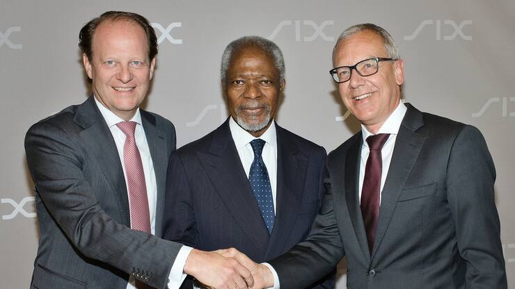 Jos Dijsselhof, CEO, SIX; Kofi Annan, ehemaliger UNO-Generalsekretär und Friedensnobelpreisträger; Romeo Lacher, Präsident, SIX