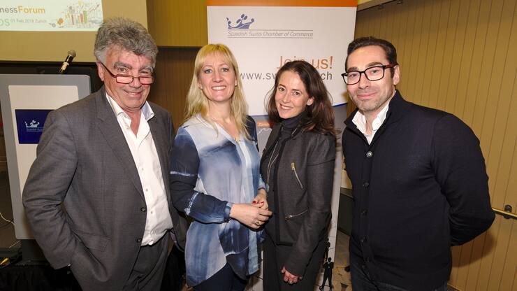 Patrick Aebischer, alt Präsident, EPFL, mit den Keynote-Speakern: Linda Krondahl, CEO & Co-Founder, THINGS, Sweden; Marie Wall, Deputy Director Startups, Ministry of Enterprise, Sweden; Mike Baur, Executive Chairman & Co-Founder, Swiss Startup Factory