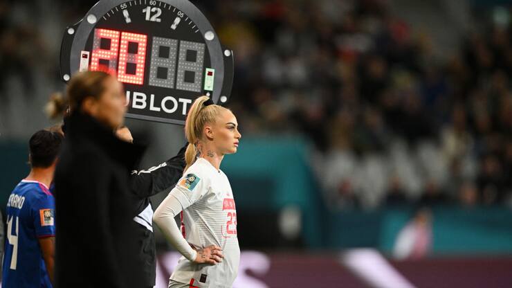 DUNEDIN, NEW ZEALAND - JULY 21: Alisha Lehmann of Switzerland stands on the sideline before brought in for Ramona Bachmann (not pictured) during the FIFA Women's World Cup Australia & New Zealand 2023 Group A match between Philippines and Switzerland at Dunedin Stadium on July 21, 2023 in Dunedin / Åtepoti, New Zealand. (Photo by Joe Allison - FIFA/FIFA via Getty Images)