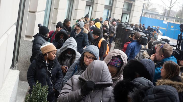 #ChefsforFeds kitchen crew members and volunteers feed federal workers and their families during the partial government shutdown, now in it's fourth week in Washington, DC on January 16, 2018. PICTURED, Several dozens of people line up to receive a meal from World Central Kitchen.JosÃ© AndrÃ©s opens relief kitchen for federal workers during shutdown(Photo by Marvin Joseph/The Washington Post via Getty Images)