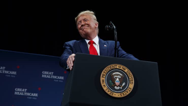 President Donald Trump delivers remarks on Medicare at the Sharon L. Morse Performing Arts Center, Thursday, Oct. 3, 2019, in The Villages, Fla. (AP Photo/Evan Vucci).Donald Trump