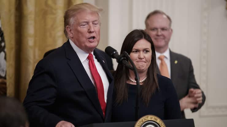 epa07646623 US President Donald J. Trump announces the departure of White House Press Secretary Sarah Sanders during an event on second chance hiring programs for felons following incarceration in the East Room of the White House in Washington, DC, USA, 13 June 2019. 