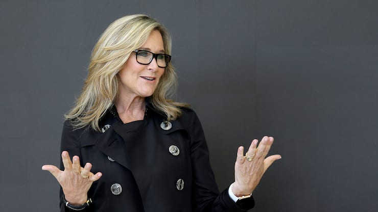 FILE - In this Thursday, May 19, 2016, file photo, Angela Ahrendts, Apple's senior vice president of Retail and Online Stores, speaks with reporters during a preview of the new Apple Union Square store in San Francisco. On Tuesday, Feb. 5, 2019, Apple announced that Ahrendts plans to depart Apple in April for new personal and professional pursuits. (AP Photo/Eric Risberg, File)