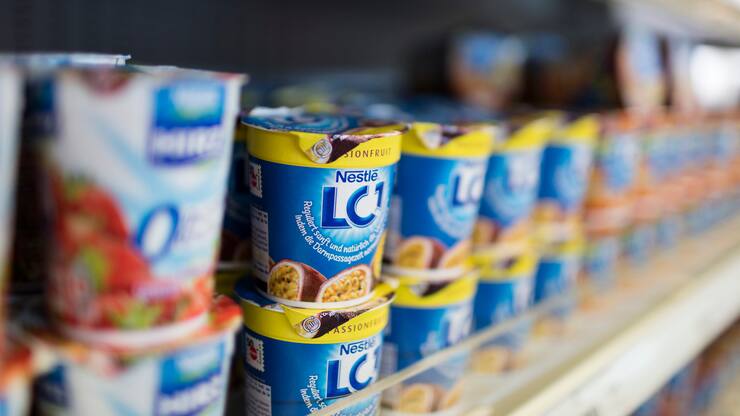 Yoghurts on display in a Nestle shop at the Nestle production site in Orbe in the Canton of Vaud, Switzerland, on November 18, 2015. The Swiss food and beverage company Nestle was founded in 1866 and is headquartered in Vevey in the Canton of Vaud, Switzerland. It's the largest food company in the world measured by revenues. (KEYSTONE/Gaetan Bally)