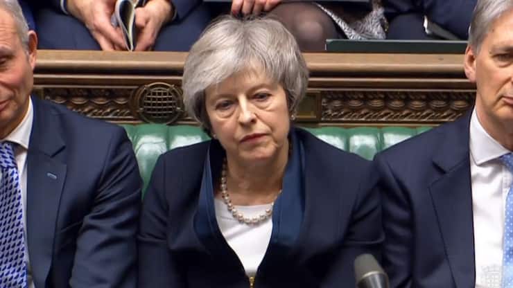 epa07287713 A handout video-grabbed still image from a video made available by UK parliament's parliamentary recording unit shows British Premier Minister Theresa May after the decisive Brexit vote at the parliament late 15 January 2019, London, United Kingdom.